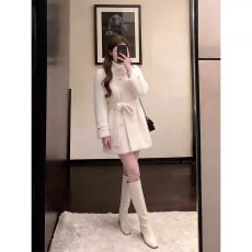 批发韩版立领系带毛呢外套女秋<b class='q'>冬</b>季中长款保暖大衣气质小个子呢子外套