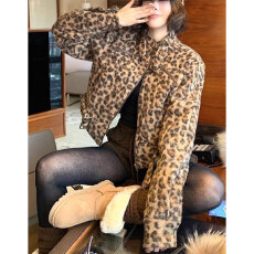 批发韩版复古豹纹短款外套女秋冬设计感加厚保暖拉链修身减龄毛绒外套