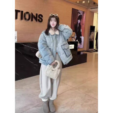 批发韩式<b class='q'>街头</b>风羊羔毛翻领牛仔棉服女冬季宽时尚松休闲加厚保暖外套潮