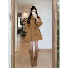 批发法式气质千金风呢子大衣时尚女秋<b class='q'>冬</b>系带收腰显瘦独特立领毛呢外套