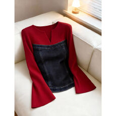 批发长袖轻奢风红色拼接上衣圆领洋气通勤减龄女士春季修身显瘦高级感