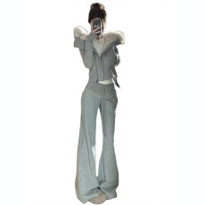 批发灰色小个子运动套装女冬季休闲简约大毛领连帽卫衣外套长<b class='q'>裤</b>两件套