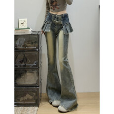 批发设计感小众假两件裙帘微喇<b class='q'>牛仔</b>裤女春秋新款港风复古修身弹力长裤