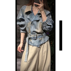 批发长袖复古风翻领系腰带扎染<b class='q'>牛仔</b>外套宽松新款休闲显瘦收腰夹克上衣