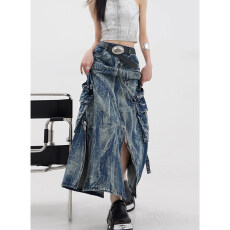 批发重工水洗扎染复古半身裙宽松2026春秋新款拉链装饰时尚牛仔裙裙子