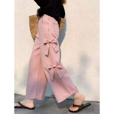 批发2026年高腰蝴蝶结阔腿裤<b class='q'>长</b>裤<b class='q'>女</b>新款宽松百搭休闲通勤直筒显瘦裤子