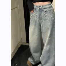 批发韩系休闲阔腿牛仔<b class='q'>裤</b>2026春季新款女高腰显瘦<b class='q'>百搭</b>满天星蓝色高级感