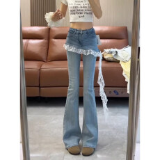 批发己出货 早<b class='q'>春</b>新款蕾丝花边微喇牛仔裤假两件腰显瘦裤子