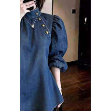 批发泡泡袖立领<b class='q'>牛仔</b>衬衫女2026春夏新款通勤休闲宽松五分袖显瘦衬衣潮