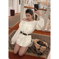 批发2026新中式设计感一字领灯笼袖<b class='q'>衬衫女</b>A字裙显瘦气质通勤连衣裙子