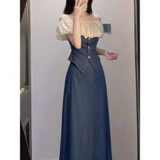 批发时髦气质一字肩<b class='q'>牛仔</b>上衣女2026夏季新款洋气高腰显瘦半身裙两件套