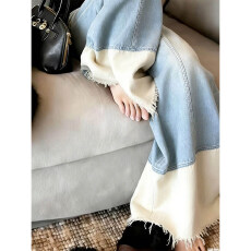 批发新款慵懒风高腰宽松撞色阔腿牛仔裤女蓝色休闲百搭直筒阔腿裤<b class='q'>长裤</b>
