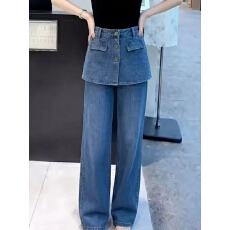 批发复古风蓝色屁帘牛仔<b class='q'>裤</b>女2026夏季新款高腰遮胯百搭直筒阔腿长<b class='q'>裤</b>潮