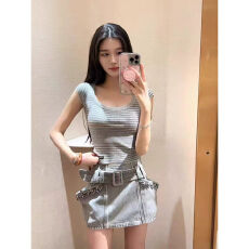 美式复古高腰牛仔短裙女夏薄款镶钻设计感小众百搭显瘦A字半身裙