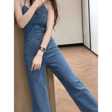 批发法式复古牛仔<b class='q'>背带裤</b>女夏季薄款显瘦显高慵懒风宽松直筒连体裤长裤