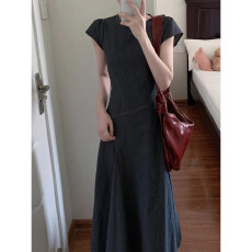 批发中式复古流行百搭巨漂亮绝美短袖连衣裙女夏季新款收腰显瘦<b class='q'>牛仔裙</b>