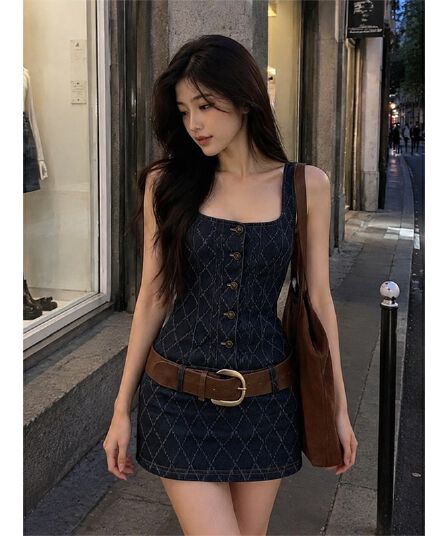 달콤한 차가운 핫걸 바람 링 체크무늬 데님 여성 드레스 여름 디자인 센스 작은 대중 몸매 가꾸기 단추 슬립 미니 스커트 트렌디