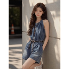 批发时尚复古牛仔<b class='q'>连体</b>裤女夏新款收腰显瘦气质设计感小众高级感<b class='q'>短裤</b>潮