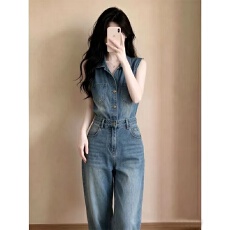 批发法式复古牛仔<b class='q'>连体裤女</b>夏季薄款高腰显瘦显高气质设计感小众阔腿裤