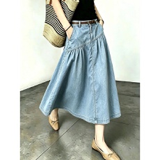 批发韩系温柔浅蓝牛仔<b class='q'>半身裙</b>女夏高腰垂感宽松百搭中长款大摆气质长裙