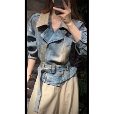 批发2026秋季新款甜酷风<b class='q'>牛仔</b><b class='q'>外套女</b>编织翻领收腰腰带宽松工装夹克上衣