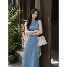 批发法式复古牛仔<b class='q'>连衣裙</b>女<b class='q'>夏</b>季收腰显瘦气质长款设计感小众高级感长裙