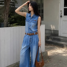 批发美式复古水洗蓝牛仔<b class='q'>连体裤女</b>2026夏季薄款宽松显瘦无袖背带长裤潮