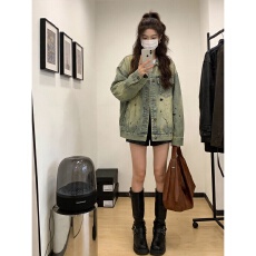 批发美式复古<b class='q'>通勤</b>气质做旧牛仔外套女秋季宽松设计感小众工装夹克上衣