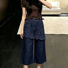 批发法式复古休闲蕾丝假两件牛仔裤<b class='q'>女</b>秋宽松直筒<b class='q'>七分裤</b>设计感小众裤子