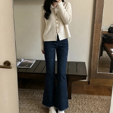 批发设计感小众深色微喇牛仔裤女高腰显瘦满钻点缀独特个性时尚长<b class='q'>裤子</b>