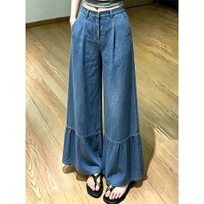 批发韩版荷叶边拼接牛仔阔腿裤女高腰显瘦垂坠感宽松休闲百搭长<b class='q'>裤子</b>潮
