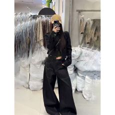 批发美式复古黑色牛仔外套女秋季短款通勤气质高腰阔腿裤显瘦辣妹套装