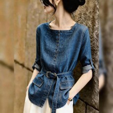 批发法式复古<b class='q'>牛仔</b><b class='q'>衬衫</b>女设计感小众收腰显瘦气质上衣春秋新款百搭长袖