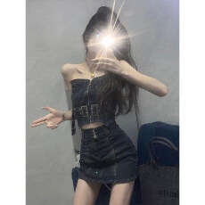 批发美式复古辣妹<b class='q'>牛仔</b>套装女夏设计感抹胸上衣高腰显瘦包臀短裙两件套