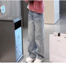 批发大码复古美式弯刀牛仔裤女<b class='q'>秋</b>季胖mm梨形身材高腰显瘦直筒阔腿裤子