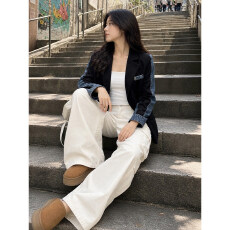 批发美式复古拼接牛仔西装<b class='q'>外套</b>女春秋新款设计感小众百搭休闲上衣<b class='q'>外套</b>