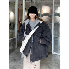 批发复古黑色连帽<b class='q'>牛仔</b><b class='q'>外套</b>女春秋季韩版宽松学生百搭中长款休闲<b class='q'>牛仔</b>衣