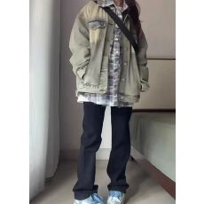 批发美式复古做旧黄泥染牛仔夹克外套女<b class='q'>春</b>秋季薄款设计感小众宽松上衣