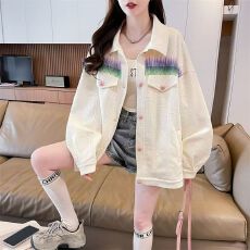批发渐变色休闲刺绣<b class='q'>牛仔</b>外套女2026年新款设计感百搭翻领宽松夹克上衣