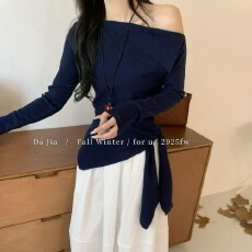 批发秋季韩系气质<b class='q'>一字肩</b>翻领绑带针织衫不规则长袖小衫<b class='q'>上衣</b>