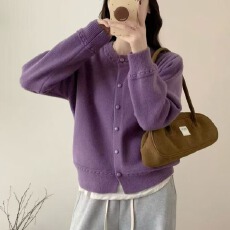 批发紫色慵懒软糯针织开衫2025冬季新款女设计感小众漂亮毛衣