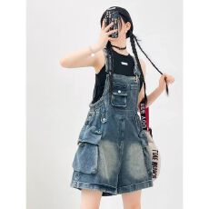 批发韩版休闲个性牛仔背带短裤女2025夏季新款<b class='q'>宽松</b>遮肚阔腿连体短裤子