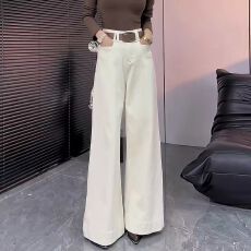 批发美式复古高腰直筒阔腿裤女2025新款<b class='q'>夏</b>季薄款高腰白色喇叭拖地裤子