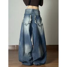 批发胖mm美式vibe钉珠刺绣工装牛仔裤<b class='q'>女</b>大码街头辣妹宽松镰刀香蕉长裤