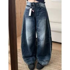批发小众复古弯刀水洗阔腿牛仔<b class='q'>裤</b>女2026新款宽松<b class='q'>显瘦</b>直筒拖地长<b class='q'>裤</b>子潮