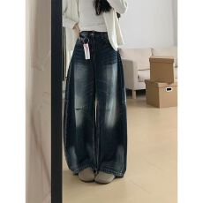批发美式高街复古水洗百搭弯刀阔腿<b class='q'>牛仔</b>裤女小个子高腰宽松直筒拖地裤