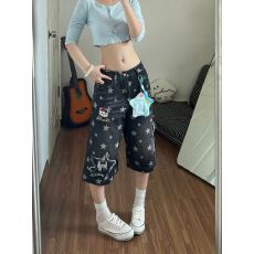 批发黑色星星印花贴布七分<b class='q'>牛仔裤</b>女夏季新款辣妹<b class='q'>松紧腰</b>刺绣小狗中裤潮