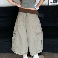 批发美式高街<b class='q'>军</b>绿阔腿七分牛仔<b class='q'>裤</b>女水洗个性潮流宽松显高显瘦工装<b class='q'>裤</b>潮