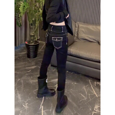 批发秋季新款大码女装三粒扣<b class='q'>弹力</b>小脚牛仔裤梨形身材显瘦高腰铅笔裤