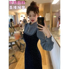 批发一生罗曼海兰花秋冬法式设计感碎花假两件拼接长袖<b class='q'>连衣裙</b>